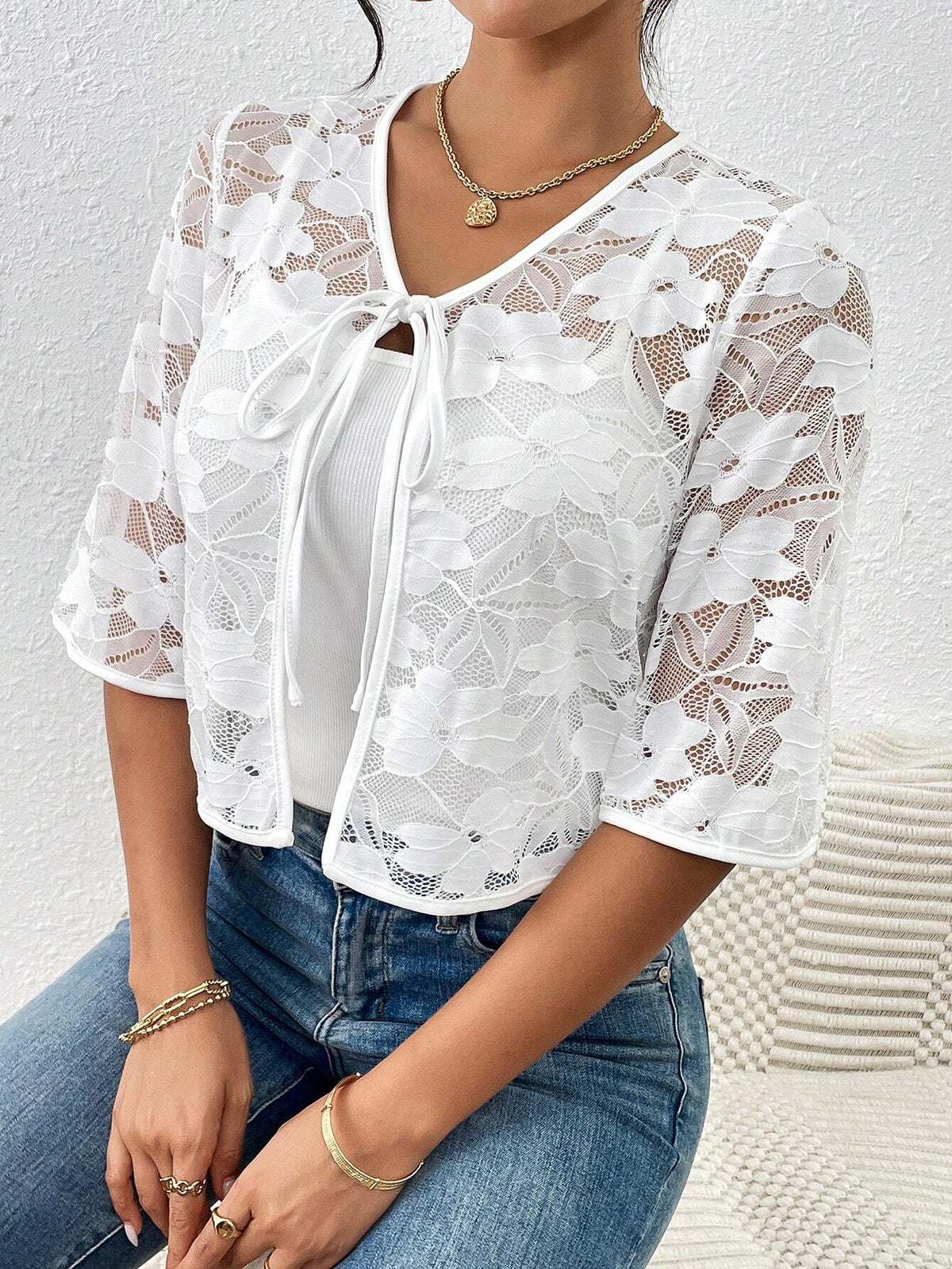 LUNE Tie Front Lace Blouse Without Cami Top For Dailywear