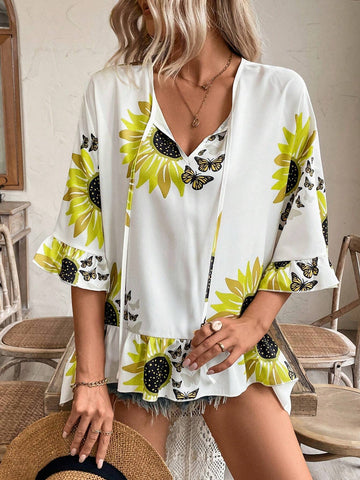 LUNE Tie Neck Floral Printed Ruffle Hem Casual Summer Blouse