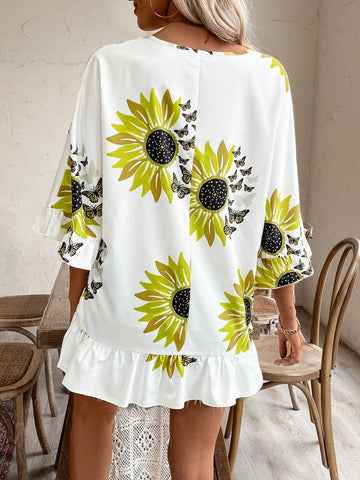 LUNE Tie Neck Floral Printed Ruffle Hem Casual Summer Blouse