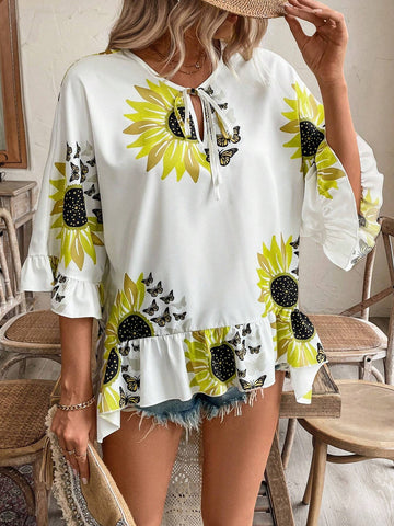 LUNE Tie Neck Floral Printed Ruffle Hem Casual Summer Blouse