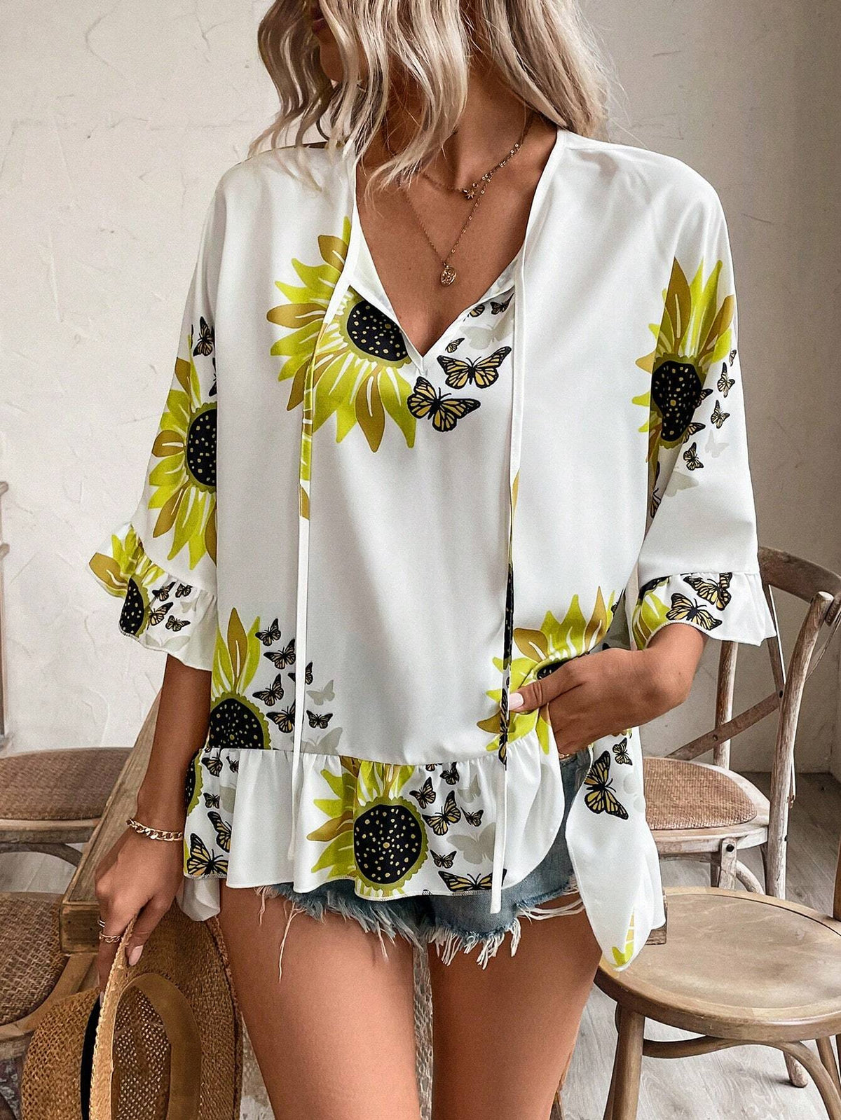 LUNE Tie Neck Floral Printed Ruffle Hem Casual Summer Blouse