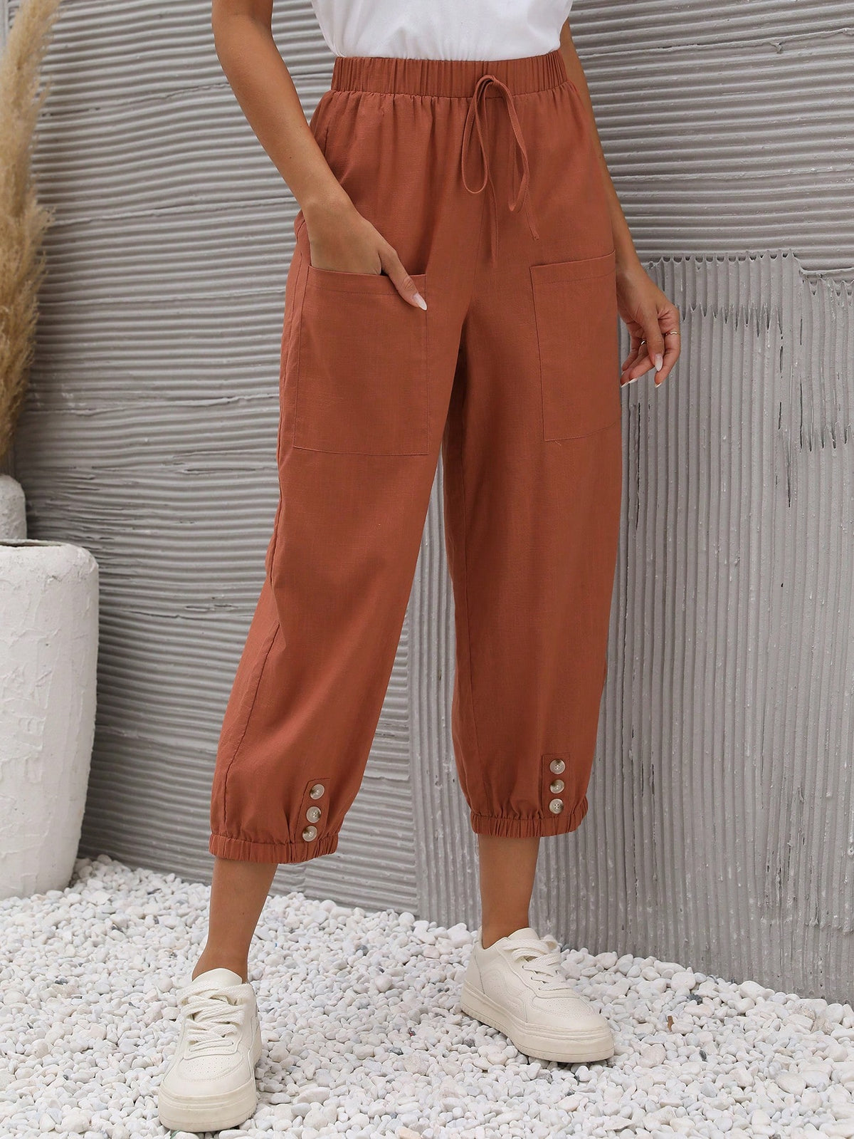 LUNE Tie Waist Button Hem Pants