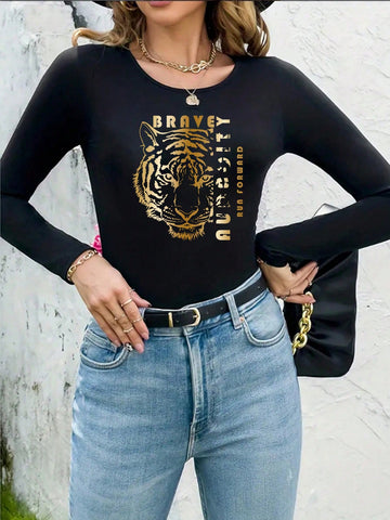 Tiger Head & Letter Printed Round Neck Long Sleeve Jumpsuit