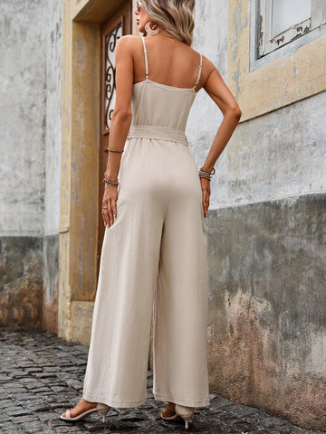 Traceable Cotton Casual Buckled Strap Summer Jumpsuit For Women