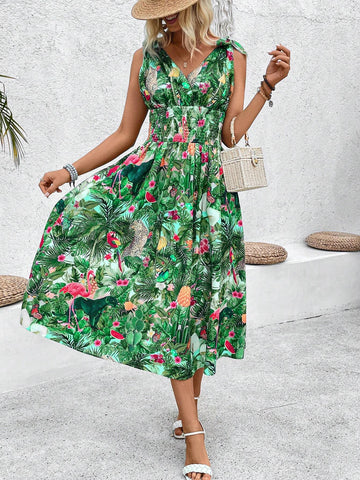Tropical Floral Print V-Neck Waist-Tie Dress