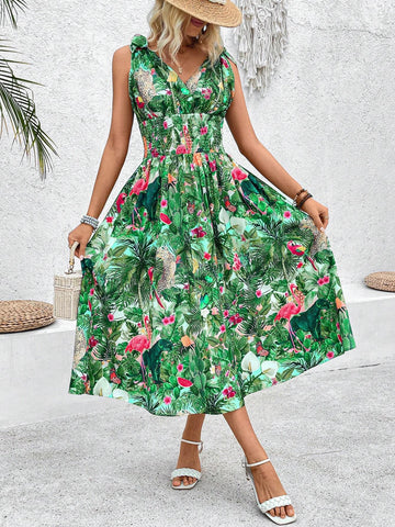 Tropical Floral Print V-Neck Waist-Tie Dress