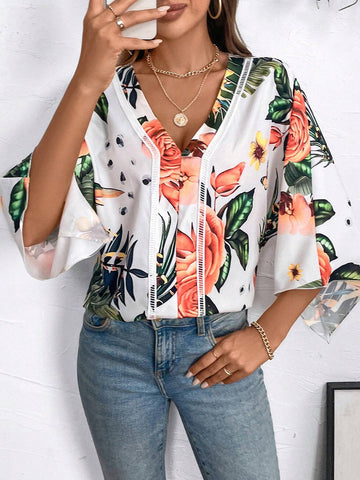 LUNE Tropical Print Batwing Sleeve Blouse For Summer
