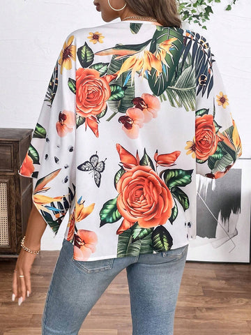 LUNE Tropical Print Batwing Sleeve Blouse For Summer
