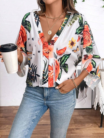 LUNE Tropical Print Batwing Sleeve Blouse For Summer
