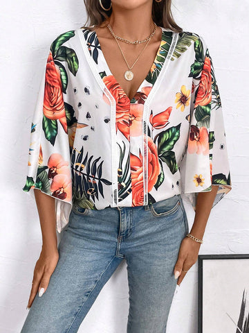 LUNE Tropical Print Batwing Sleeve Blouse For Summer