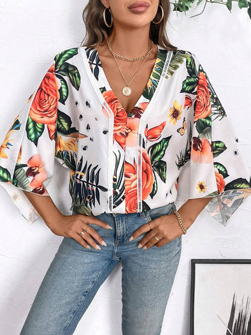LUNE Tropical Print Batwing Sleeve Blouse For Summer