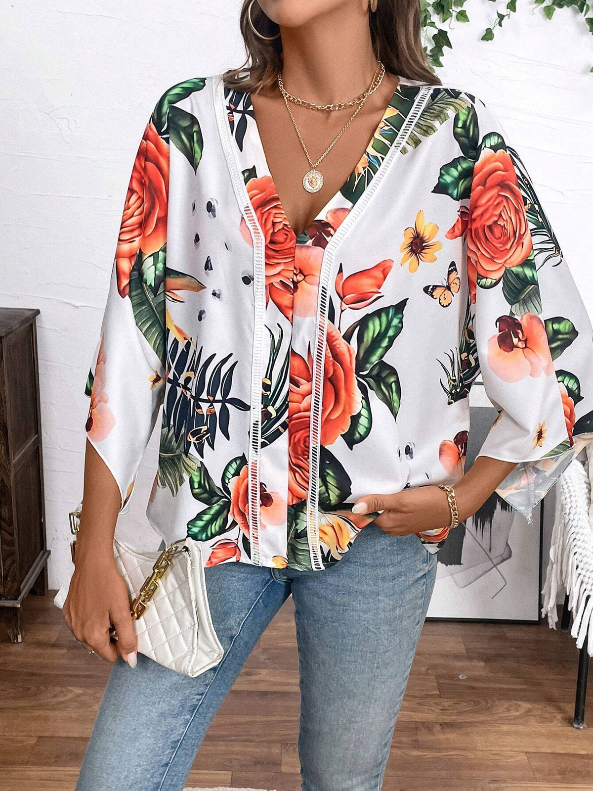 LUNE Tropical Print Batwing Sleeve Blouse For Summer