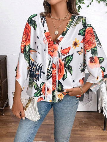 LUNE Tropical Print Batwing Sleeve Blouse For Summer