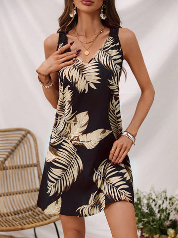 Tropical Printed V-Neck Loose Dress
