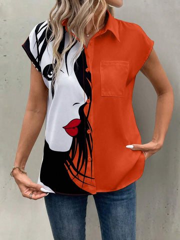 LUNE Turndown Collar Cartoon Print Button Front Long Sleeve Shirt