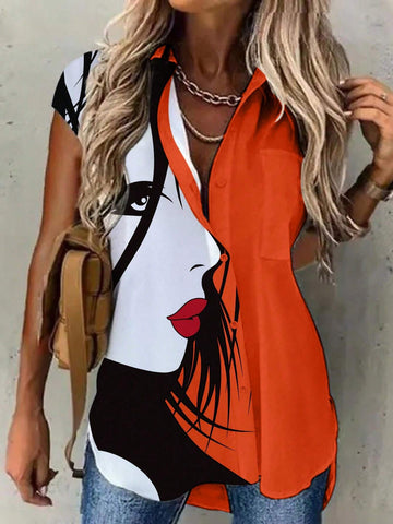 LUNE Turndown Collar Cartoon Print Button Front Long Sleeve Shirt