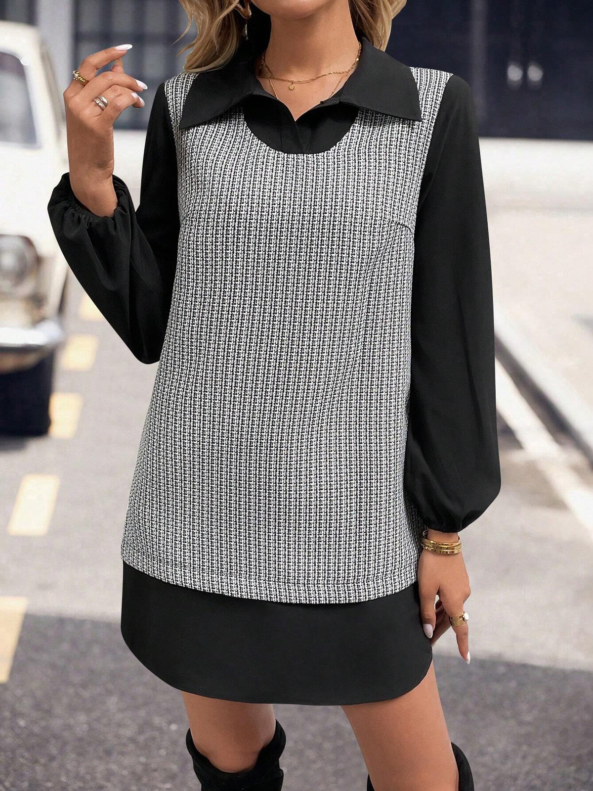 Tweed Patchwork Solid Color Casual Everyday Dress, Minimalist & Fashionable
