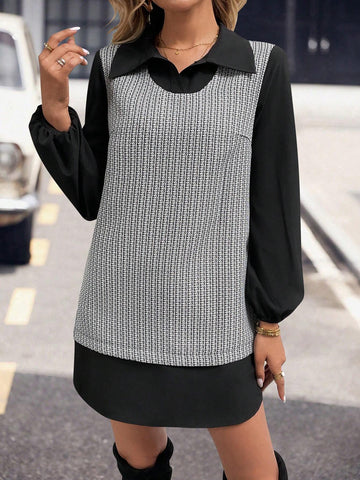 Tweed Patchwork Solid Color Casual Everyday Dress, Minimalist & Fashionable