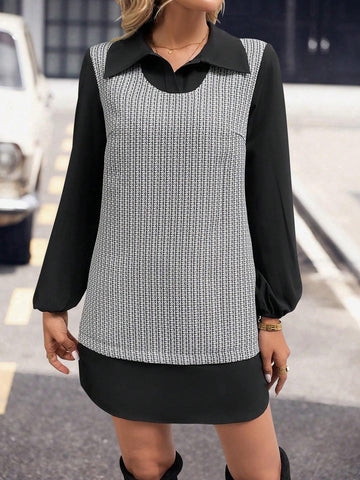 Tweed Patchwork Solid Color Casual Everyday Dress, Minimalist & Fashionable