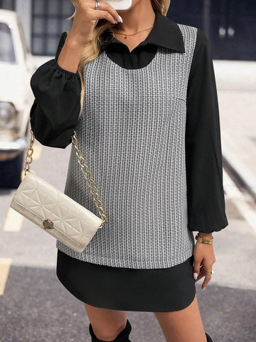 Tweed Patchwork Solid Color Casual Everyday Dress, Minimalist & Fashionable