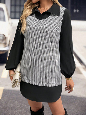 Tweed Patchwork Solid Color Casual Everyday Dress, Minimalist & Fashionable