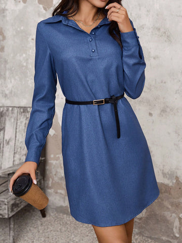 Twist Front Half Placket Shirt Dress Without Waist Belt