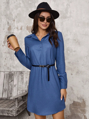 Twist Front Half Placket Shirt Dress Without Waist Belt
