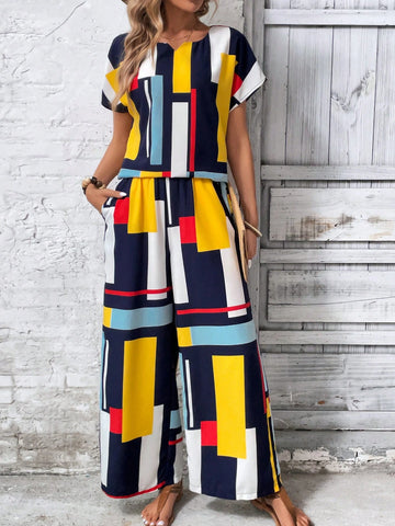 Two-Piece Geometric Multicolored Loose Short-Sleeve Shirt And Shorts Set