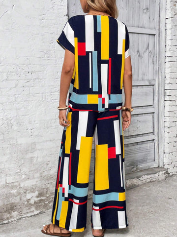 Two-Piece Geometric Multicolored Loose Short-Sleeve Shirt And Shorts Set