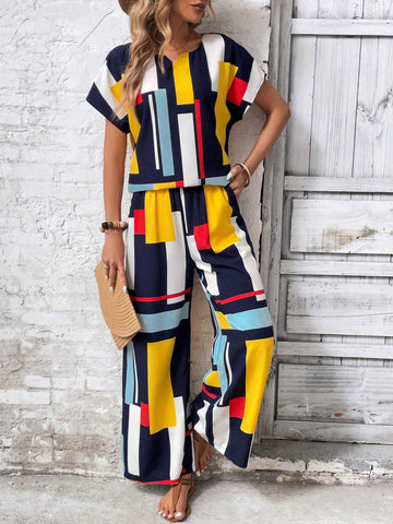 Two-Piece Geometric Multicolored Loose Short-Sleeve Shirt And Shorts Set