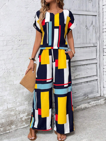 Two-Piece Geometric Multicolored Loose Short-Sleeve Shirt And Shorts Set