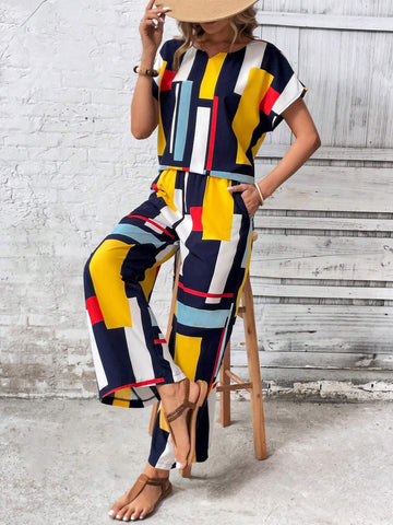 Two-Piece Geometric Multicolored Loose Short-Sleeve Shirt And Shorts Set