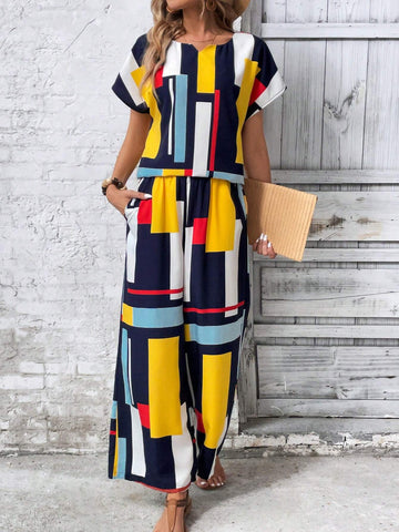 Two-Piece Geometric Multicolored Loose Short-Sleeve Shirt And Shorts Set
