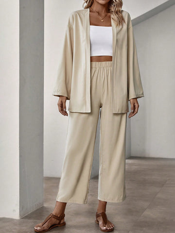 Two Piece Set With Dropped Shoulder Sleeves Open Placket Top And Trousers