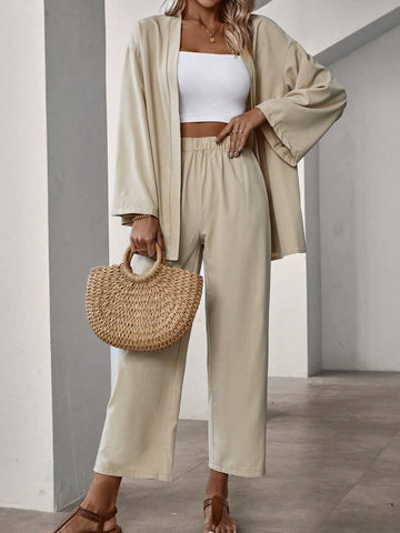 Two Piece Set With Dropped Shoulder Sleeves Open Placket Top And Trousers