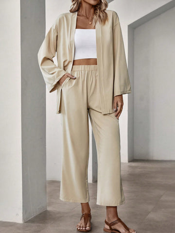 Two Piece Set With Dropped Shoulder Sleeves Open Placket Top And Trousers