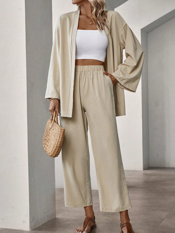 Two Piece Set With Dropped Shoulder Sleeves Open Placket Top And Trousers