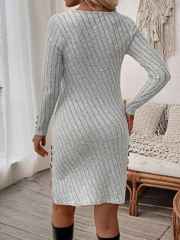 U-Neck, Form-Fitting, Sexy, Button-Decorated Long Sleeve Dress