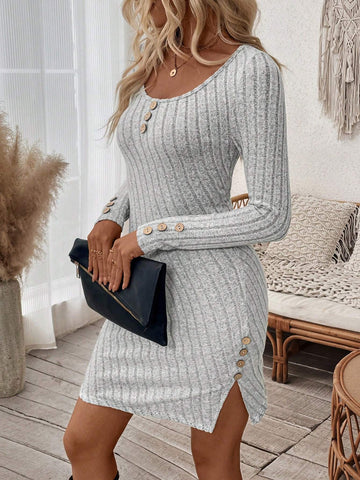 U-Neck, Form-Fitting, Sexy, Button-Decorated Long Sleeve Dress