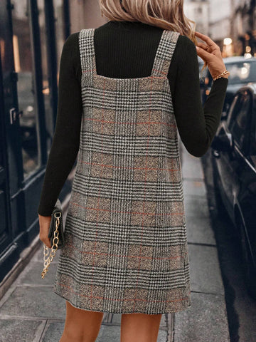 V-Neck A-Line Dress, Vintage Plaid Woolen Fabric, Casual & Commuting Elegant Outdoor Wear,