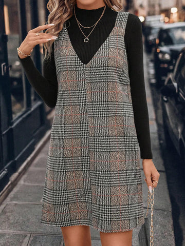 V-Neck A-Line Dress, Vintage Plaid Woolen Fabric, Casual & Commuting Elegant Outdoor Wear,
