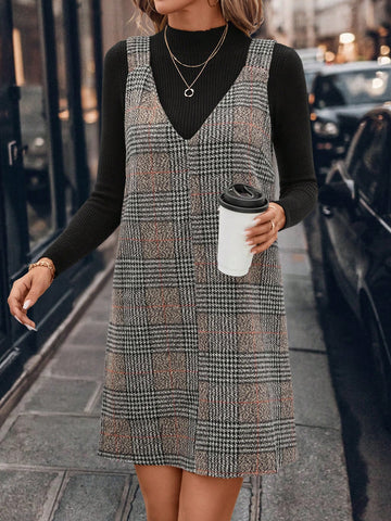 V-Neck A-Line Dress, Vintage Plaid Woolen Fabric, Casual & Commuting Elegant Outdoor Wear,