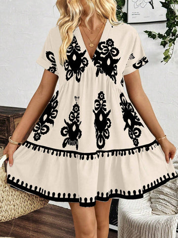 V-Neck All-Over Print Short Sleeve Summer Dress