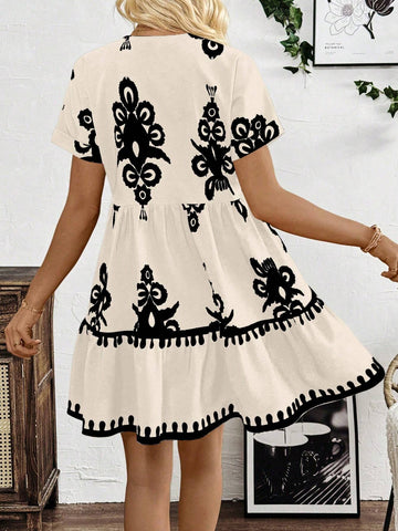 V-Neck All-Over Print Short Sleeve Summer Dress