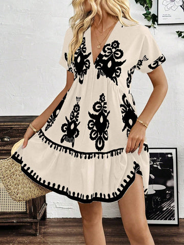 V-Neck All-Over Print Short Sleeve Summer Dress