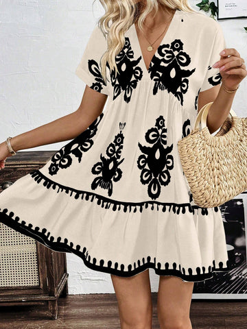 V-Neck All-Over Print Short Sleeve Summer Dress
