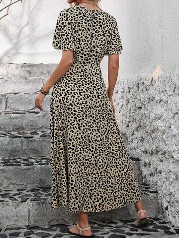 V-Neck Button Front Leopard Print Maxi Dress With Trumpet Sleeves, Slit Hem And A-Line Skirt