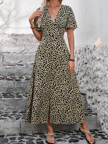 V-Neck Button Front Leopard Print Maxi Dress With Trumpet Sleeves, Slit Hem And A-Line Skirt