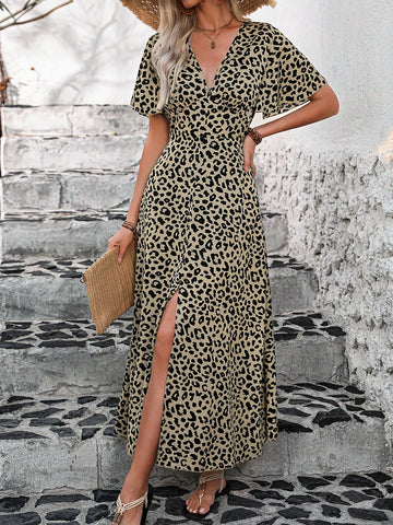 V-Neck Button Front Leopard Print Maxi Dress With Trumpet Sleeves, Slit Hem And A-Line Skirt