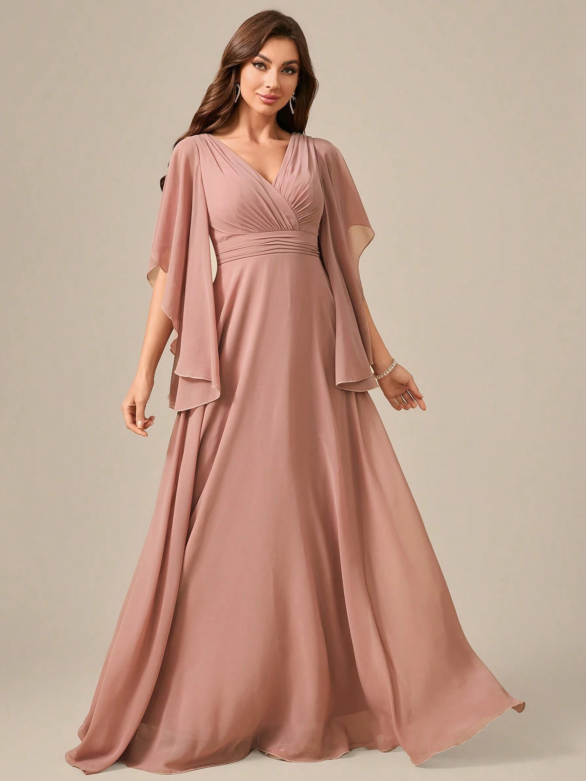 V-Neck Chiffon Ruffles Lace Cuff Waist Highlighting Formal Dress